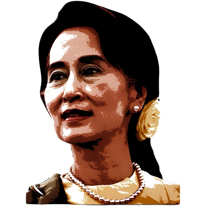 Portrait of Daw Aung San Suu Kyi wearing a yellow flower in her hair.